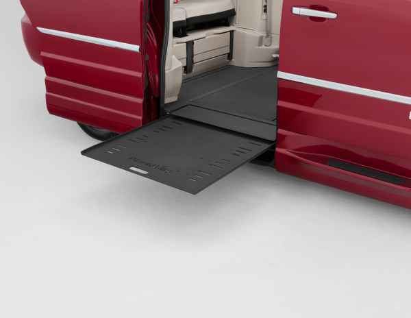 side-entry, power infloor wheelchair ramp coming out of red wheelchair van