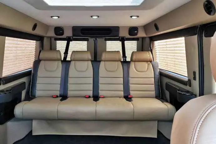 Inside photo of rear seating on tempest full size wheelchair van