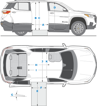 Diagram of handicap conversion specifications on the Chevrolet Traverse handicap SUV from BraunAbility